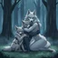 Placeholder: fantasy anime art from an gray bodyhair wolf female anthropomorphic wolf female hibrid kneeling hugs her two anthropomorphic wolf-kid hibrid child on field, in background tall trees wirh big trunks, rain, down on blue-green moss, hug each other , rainy day, high contrast, high detalied, atmospheric, fantasy, sci-fi mood