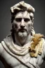 Placeholder: Realistic image, Roman sculpture made in white marble with gold veins, Lionel messi with gold laurel leaves crown, two blue brushes, decorative star on the chest, waist up portrait, marble material, gold ornaments, Baroque style, sun rays background, epic, celestial, cinematic lighting, God lights, 4k resolution, smooth details, soft lighting, unreal engine 5, art station, substance 3d.