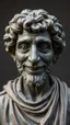 Placeholder: Ceramic style statue all colours are dark grey of an old church man from the 1200 BC , the head of dead man with thick curly hair and his eyes are open wide smiling