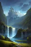 Placeholder: Medieval castle, mountainside, river with waterfall, moonlit background, single image, no people