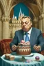 Placeholder: ugly viktor orban in a suite eating birthday cake in a castle. There are soccer balls around