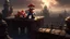 Placeholder: High quality medium shot of Mario on a rooftop, fantasy, epic, landscape, fire, ruins, dragon, demons, buff