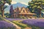 Placeholder: museum quality color woodcut landscape of a fanciful 1920's ramshackle and dilapidated French country cottage nestled amidst the lavender fields of Provence, on a blissful summer morning, in the style of Gustave Baumann, with a fine art aesthetic, highly detailed, finely cut ,8k render, soft early summer colors