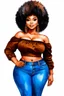 Placeholder: create a watercolor illustration of a plus size dark skinned black female wearing Tight blue jeans and a hazel brown off the shoulder blouse. Prominent make up with long lashes and hazel eyes. She is wearing brown feather earrings. Highly detailed full black tight curl afro