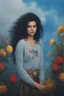 Placeholder: 1980, 16-year-old wonder woman, gray cotton sweater, ((1980's big hair, long, teased up Spikey Motley Crue style hair)), black hair, facial portraits, foggy, cloudy blue wall with assorted designs and multiple floral arrangements in the background, 4k, 8k, 16k, 32k, 100k UHD, Ultra-Hyper Resolution, dark, sultry eyeshadow, eyeliner, mascara, rouge, lipstick