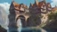 Placeholder: medieval buildings with balconies overhanging lake edge with blue sky and people, photorealism, fantastical, intricate detail, splash screen, concept art