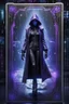 Placeholder: sacred geometry framed playing card, black, blue and purple noen cyber punk dancer thief in soaked rain coat shadows boss card in the style of Giger and fallout 4 ,,bokeh like f/0.8, tilt-shift lens 8k, high detail, smooth render, down-light, unreal engine