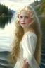 Placeholder: victorian girl ,wavy hair,blonde hair,white body,pretty,near lake,oil painting