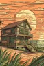 Placeholder: Haus am strand mit Sonnenuntergang und details