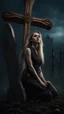 Placeholder: photorealistic hyperdetailed young woman with dirty blonde hair kneeling by a grave with a wooden cross dark fantasy