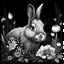 Placeholder: colorless rabbit between seeds and big flowers black background .black and white colors. for a coloring. with grayscale