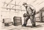 Placeholder: a swedish industry worker from sweden, very strong pushing a wooden crate along the floor in a factory, very basic sketch painting like the image i uploaded