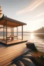 Placeholder: atelier de dessin montagne design bois et béton devant baie en verre avec vue sur un lac Lumière soleil couchant