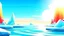 Placeholder: cartoon illustration: nature with icebergs and frozen sea, sun in the sky