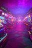 Placeholder: A dark photo of a full panoramic view an 80's aesthetics arcade at night, with a lot of functioning arcade machines, a vaporwave floor and some colorful tiles in between the floor. Purple aesthetics. Full panoramic view. The arcade has a ticket shop that sells plusies