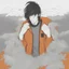 Placeholder: A man with black and half-long hair and a technical orange jacket 3/4 back facing a cloud cover