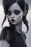 Placeholder: Jenna ortega black dress,soft goth libstick, wednesday addams family make up, brad double wig, dramatic lighting, highly detailed, volumetric lighting, unreal engine, 8k