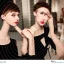 Placeholder: Russian boyish boylike female figure guy short man's haircut men's face boyish features in black girlish lacy cocktail dress earrings in restaurant