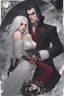 Placeholder: Vampire count Strahd Von Zarovich has long black hair and red eyes, with a woman with white hair