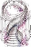 Placeholder: Watercolor sketch on a white background. Ink. Spiral staircase in the hall leading to the sky, pink and white hydrangeas, portraits, rococo interior, chandeliers, filigree, work of art, rich structures, elegance of lines, sparks, drapery, patterns, lavender accents, juicy, bright, sunny, hyperrealistic, top view, retro, monograms, diamond dust, ultradetalization, dots, RAW, ISO 100