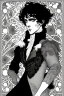 Placeholder: Black haired blue eyed freckled young male warlock in the style of aubrey beardsley