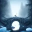 Placeholder: fantasy art of big wolf and a wizard walking under very tight tree bridge over icy water