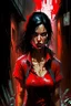 Placeholder: woman in a red shirt standing in a dark alley, by Aleksi Briclot, digital art, girl with black hair, bloody river in hell, as a fortnite character, woman very tired, ready to fight, no yellow color in eyes, torrential rain of blood, stylised comic art, uncharted, bbc promotional artwork