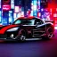 Placeholder: realistic black dodge viper; in an alternate universe in tokyo; cyberpunk; rain; neon signs