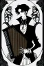 Placeholder: goth male necromancer with black hair playing a concertina in the style of Aubrey Beardsley