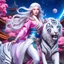 Placeholder: (masterpiece, best quality, 8k, RAW photo, beautiful and aesthetic:1.2), complex detail, Indirect light, photorealistic, (((full body))), 2 Gorgeous Cosmic asian goddess smiling, long curved white hair, blue eyes, Mixed, sci-fi and traditional asian outfit with pink velvet and white furs, riding a white tiger running in a colorfull snowy Sci-Fi landscape with bokeh