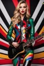 Placeholder: Photography realistic HD front view excellent realistic portrait super model very beautiful wearing colors abstract jacket latex body suit,as an gutarist rocker musician