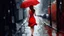 Placeholder: colorful flat illustration , A young Caucasian woman with long brown hair wearing a red dress and holding a white umbrella, walking alone on a rainy city street with blurred buildings and lampposts in the background, draw art style influenced by japanese artists, niji, black outlines