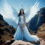 Placeholder: [a 35mm film photography: futuristic tableau of divine proportions.] At the cliff's edge, a woman of unearthly beauty and power stood, her alien features captivating all who beheld her. Adorned with four eyes and four wings, she exuded a mystical aura that defied mortal understanding. With skin as pure as the cosmos, she radiated an ethereal light, embodying the essence of divinity. In her four arms, she held the balance of creation and destruction, a deity poised at the threshold of possibility