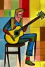 Placeholder: a jazz guitar player sitting on a stool in the style of Paul Klee