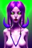 Placeholder: cute purple haired devil human girl with bright green eyes and black horns wearing purple/pink dress