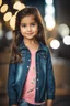 Placeholder: Little 6 years old beautiful girl perfect face,1girl wearing a pretty shirt and jean pant, standing pose,modern city ,night view