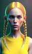 Placeholder: girl, cute, beautiful, head and shoulders portrait by Greg Rutkowski, yellow hair, pigtails with space buns, bangs, yellow dress, tan skin