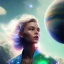 Placeholder: A portrait of a transparent crystalline girl,smiling, longs blond hairs, green eyes, galactic dress, atmospheric, realistic, cinematic lighting, octane render, purple and blue sky, nebula, stars, planets in background, spaceship in background