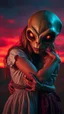 Placeholder: A beautiful girl hugging an ugly alien witgglowing eyes in background is a vivid red sky, and the lighting creates a dramatic and otherworldly atmosphere