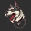 Placeholder: left facing head of angry Terrier dog with blood shot eyes and bloodied teeth, a ball chain collar around neck, a chain leash attached to collar, vector