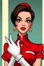 Placeholder: cartoon style image of very feminine, brunette 50 year old sexy French stewardess in red uniform with pixie cut and strong, seductive makeup, smoky green eyes, white leather gloves, big thick pouty bright red lips and large golden earrings who looks like Jeanna Fine