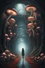 Placeholder: A surreal scene a tunnel-like structure filled with intertwined mushrooms trees , The tunnel is lined with countless writhing aliens bodies, creating a chaotic and nightmarish atmosphere. At the end of the tunnel, a solitary beautiful girl figure walks towards a distant light source, casting a glow that illuminates the scene. The overall color palette is muted with shades enhancing the ominous and unsettling mood. The level of detai