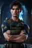 Placeholder: 27 year old male with short dark hair and blue eyes standing with his arms folded, military, photorealistic, 4k, dark fantasy