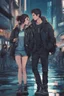 Placeholder: Science fiction, cyberpunk, city street, couple girl and guy, together, love at first sight, summer night, eyes