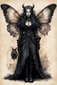 Placeholder: Jean-Baptiste Monge style 19th century hand drawn full body portrait dark gothic fantasy illustration of a walking hybrid Hercules moth goth girl, with highly detailed facial features with large sad eyes, drawings, 8k, vibrant natural colors, otherworldly and fantastic, ink wash and watercolor