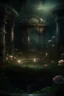 Placeholder: magical overgrown secret garden, roses, ivy, fountain, twilight, moon, stars dark tones, warm tones