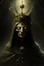 Placeholder: Alien in tattered ecclesiastical robes,Eyes,crown of thorns with eerie symbols, encircles their head.