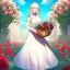 Placeholder: gorgeous anime girl wearing a yellow and white dress ,standing in a meadow of flowers, spreading rose pedals on the ground. beautiful eyes and a stunning smile, blue eyes, two blue eyes, perfect nose and rosy cheeks and red lips. girl is holding a basket with flowers in it