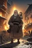 Placeholder: Palestinian old woman , Carrying a small girl ,at winter , Destroyed Buildings , with a Explosions, at night