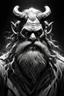 Placeholder: Monochromatic, highly detailed digital illustration featuring a fantastical creature with a humanoid face. The creature has a long, flowing beard and hair that appears wild and unkempt. It has a pair of large, curved horns protruding from its forehead and two smaller, tusk-like horns emerging from its cheeks. The skin is textured and appears rough, with a pale, almost ghostly complexion. The eyes are wide open, giving an intense and somewhat eerie expression. The background is a gradient of ligh